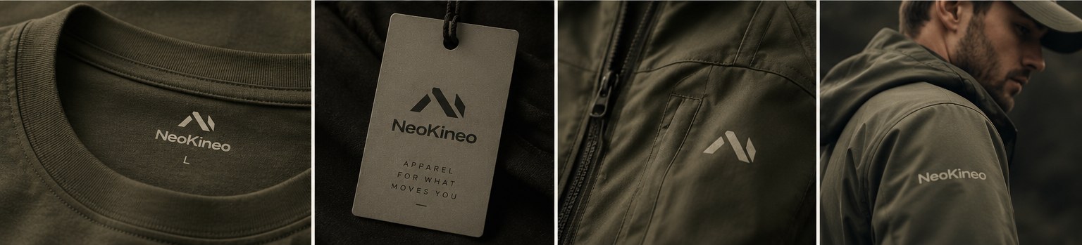 NeoKineo apparel details: woven label, fabric, and understated symbol